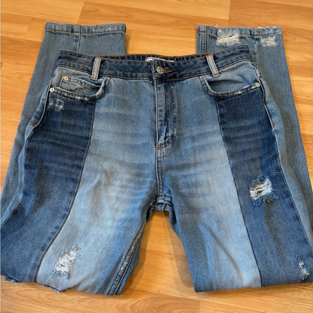 Free People Multi-Blue Patchwork Distressed Jeans - image 1